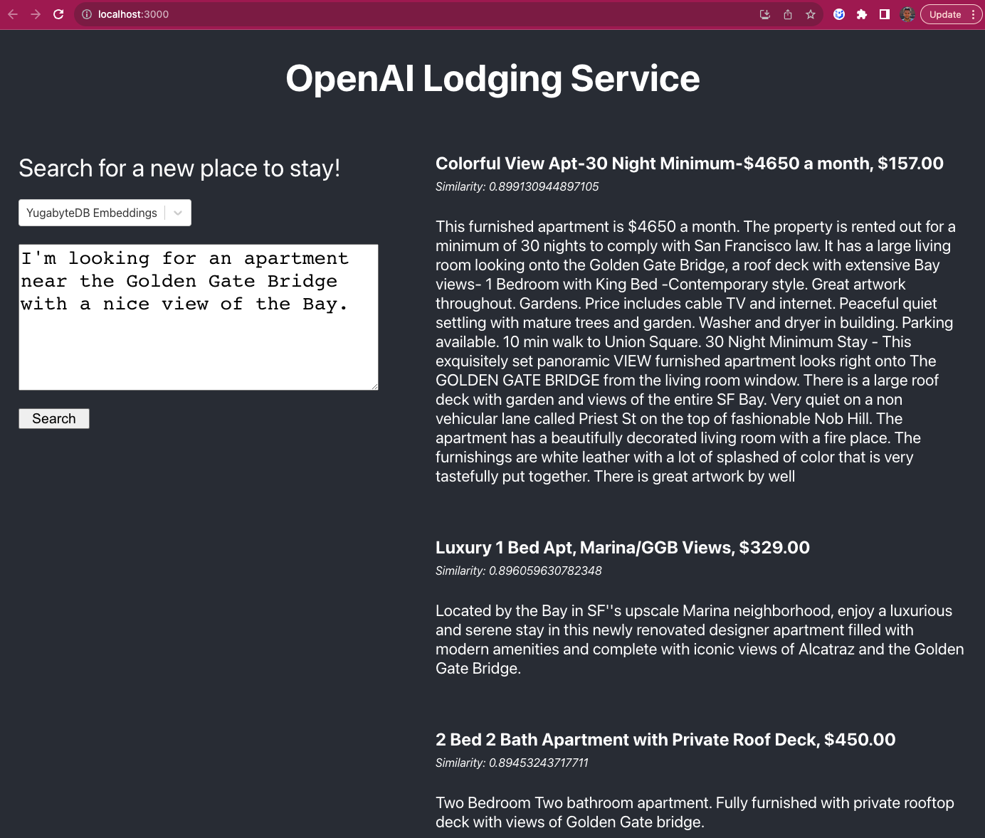 Lodging Service Results with YugabyteDB Embeddings Lodging Service Results with YugabyteDB Embeddings